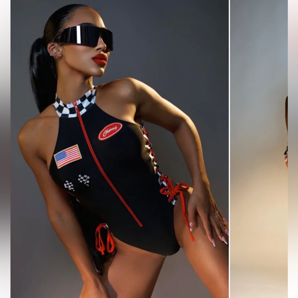 Fashion Nova Black and Red Racing Bodysuit